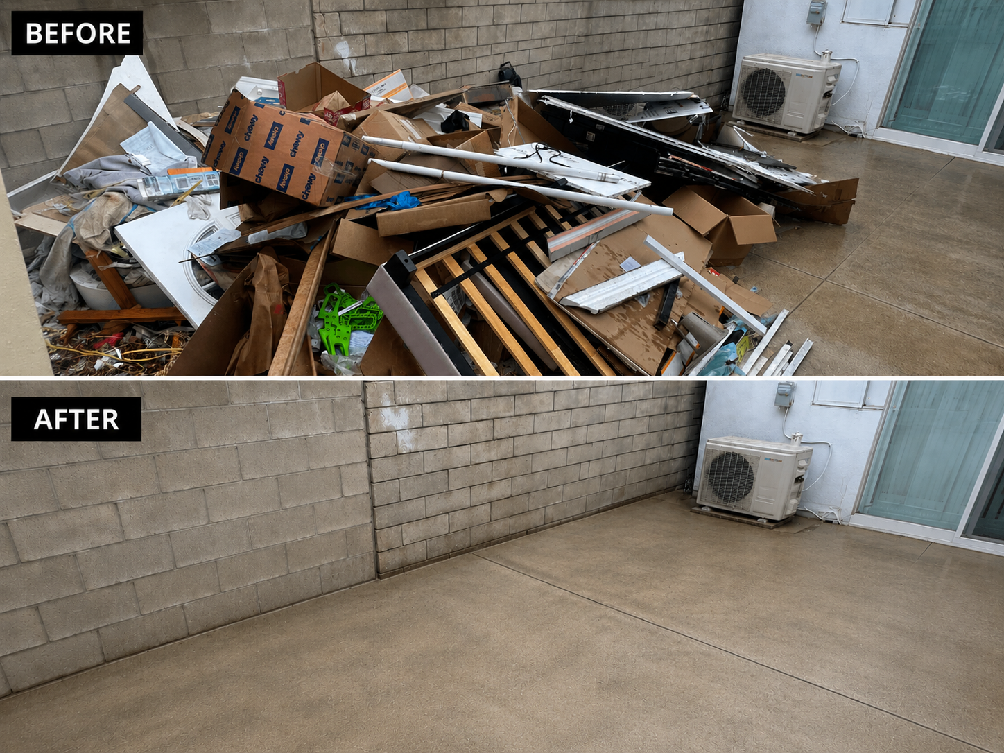 Before and after construction debris removal by Karrion Hauling