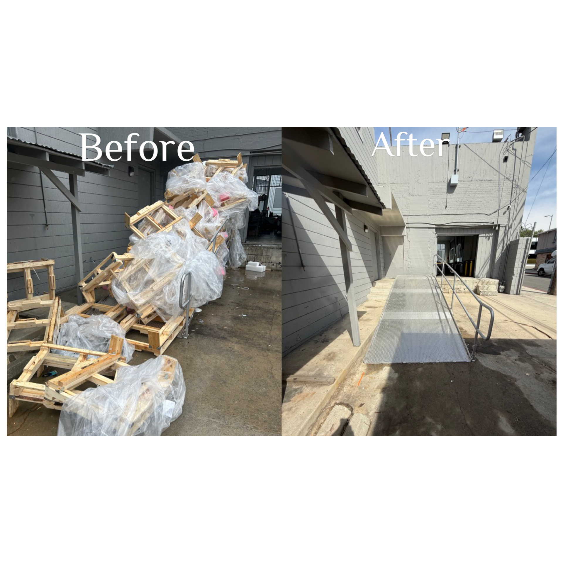 Before and after commercial debris cleanout by Karrion Hauling