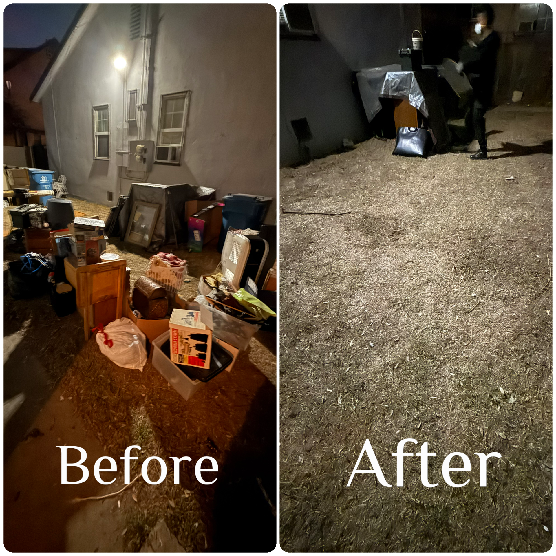 Before and after outdoor household cleanout by Karrion Hauling