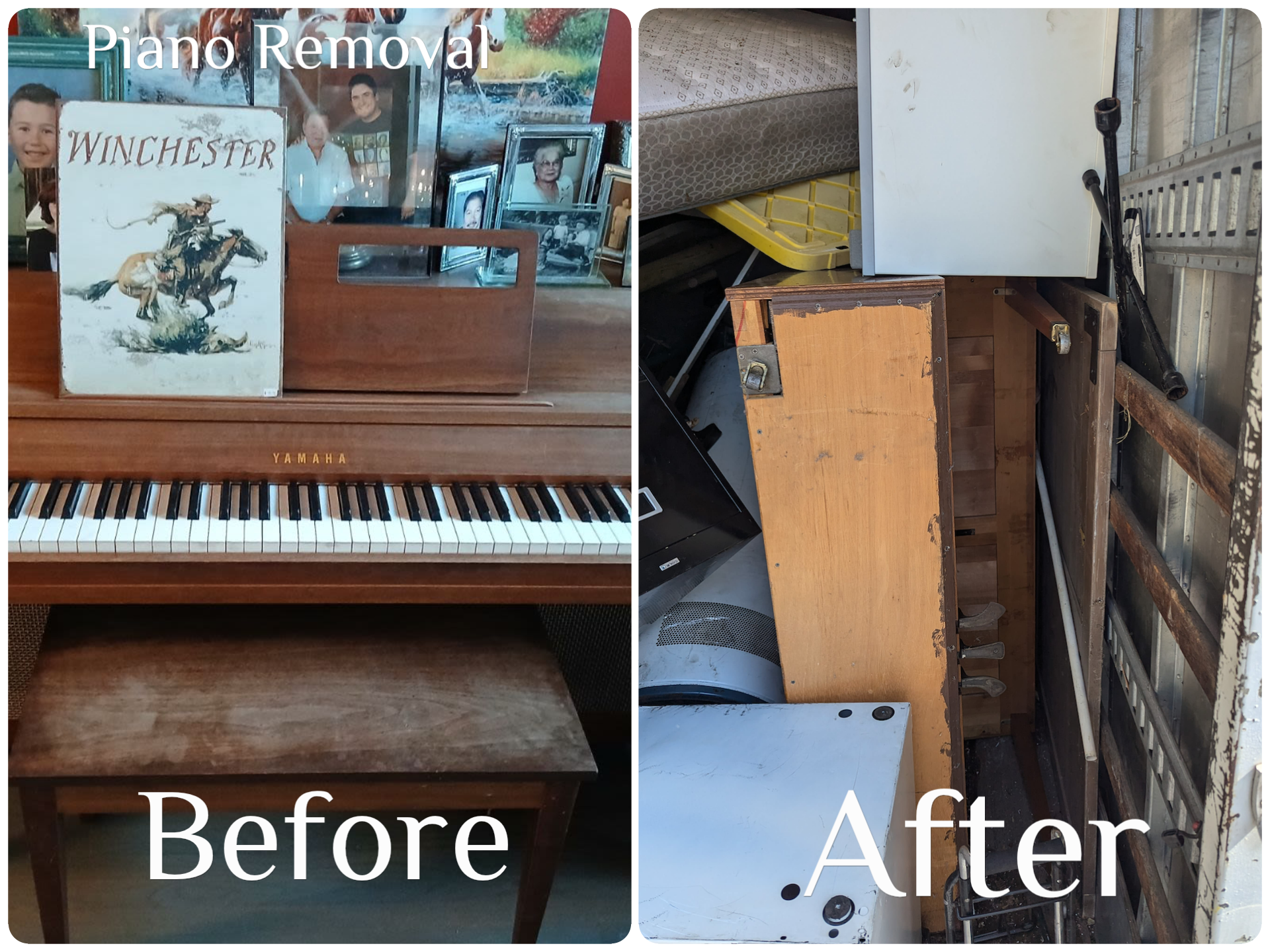 Before and after piano removal by Karrion Hauling
