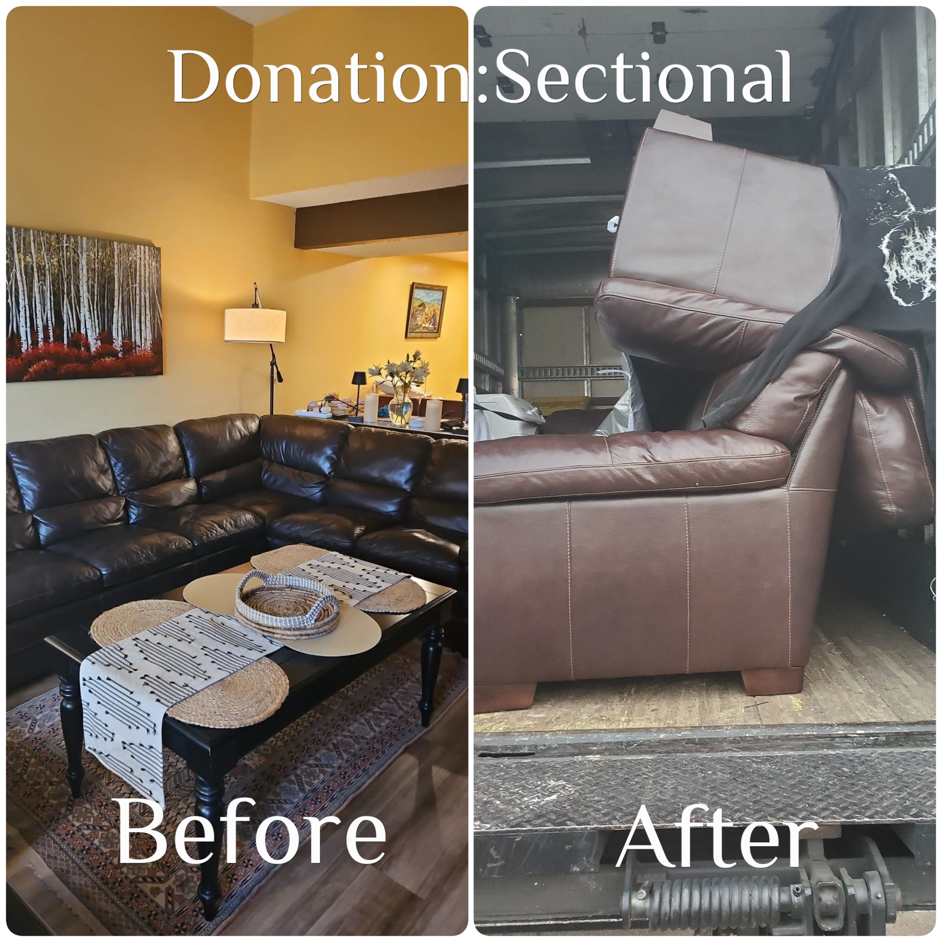 Before and after sectional donation pickup by Karrion Hauling