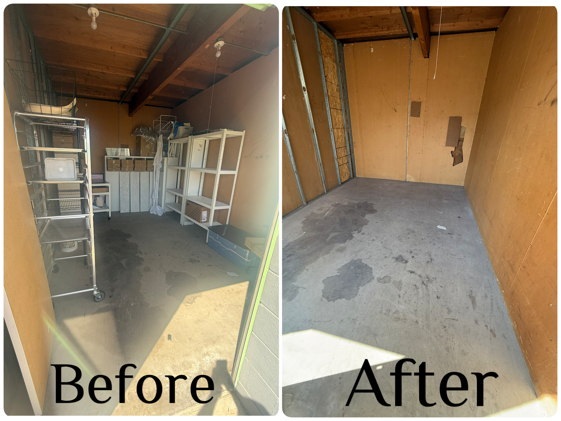 Before and after storage space cleanout by Karrion Hauling